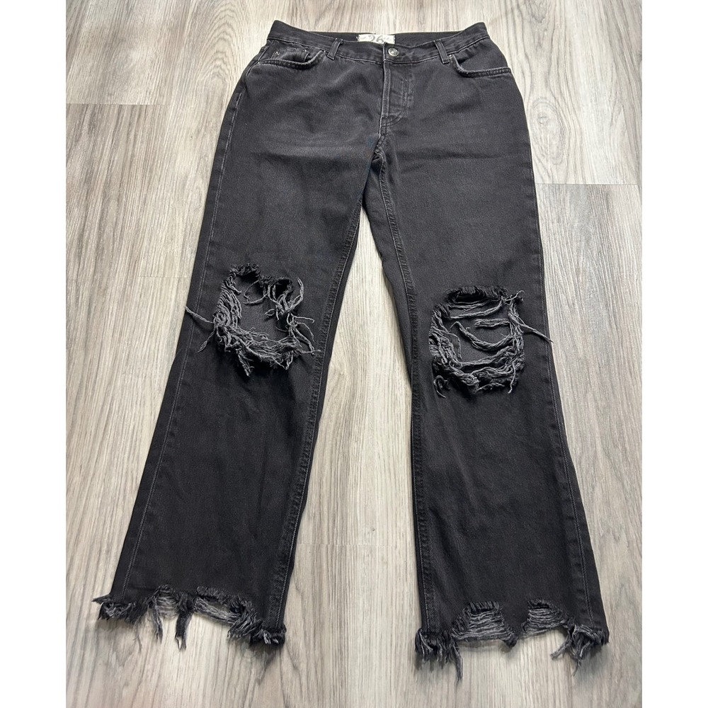 We The Free‎ Black Distressed Ripped Flare Jeans Button Fly Raw Hem Womens 26